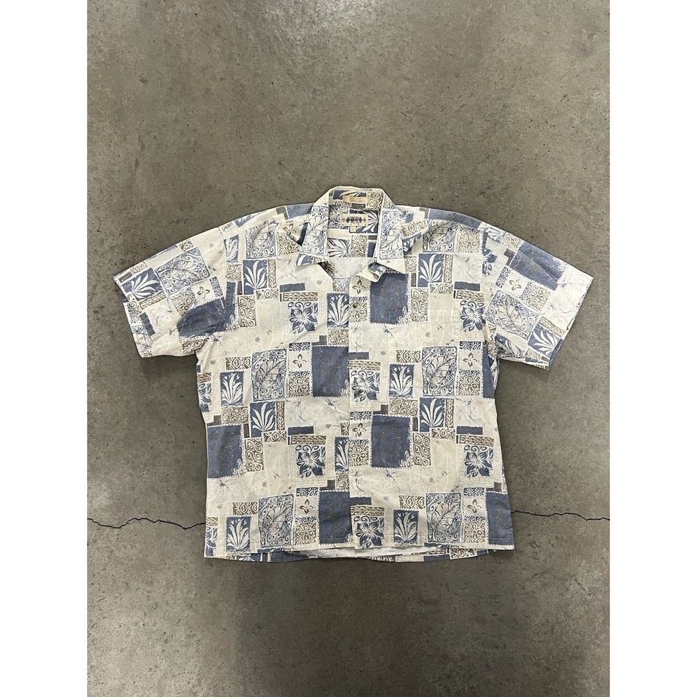 Campia Hawaiian Shirt Men's Large Beige Blue Brown Aloha Tropical Pocket Vintage